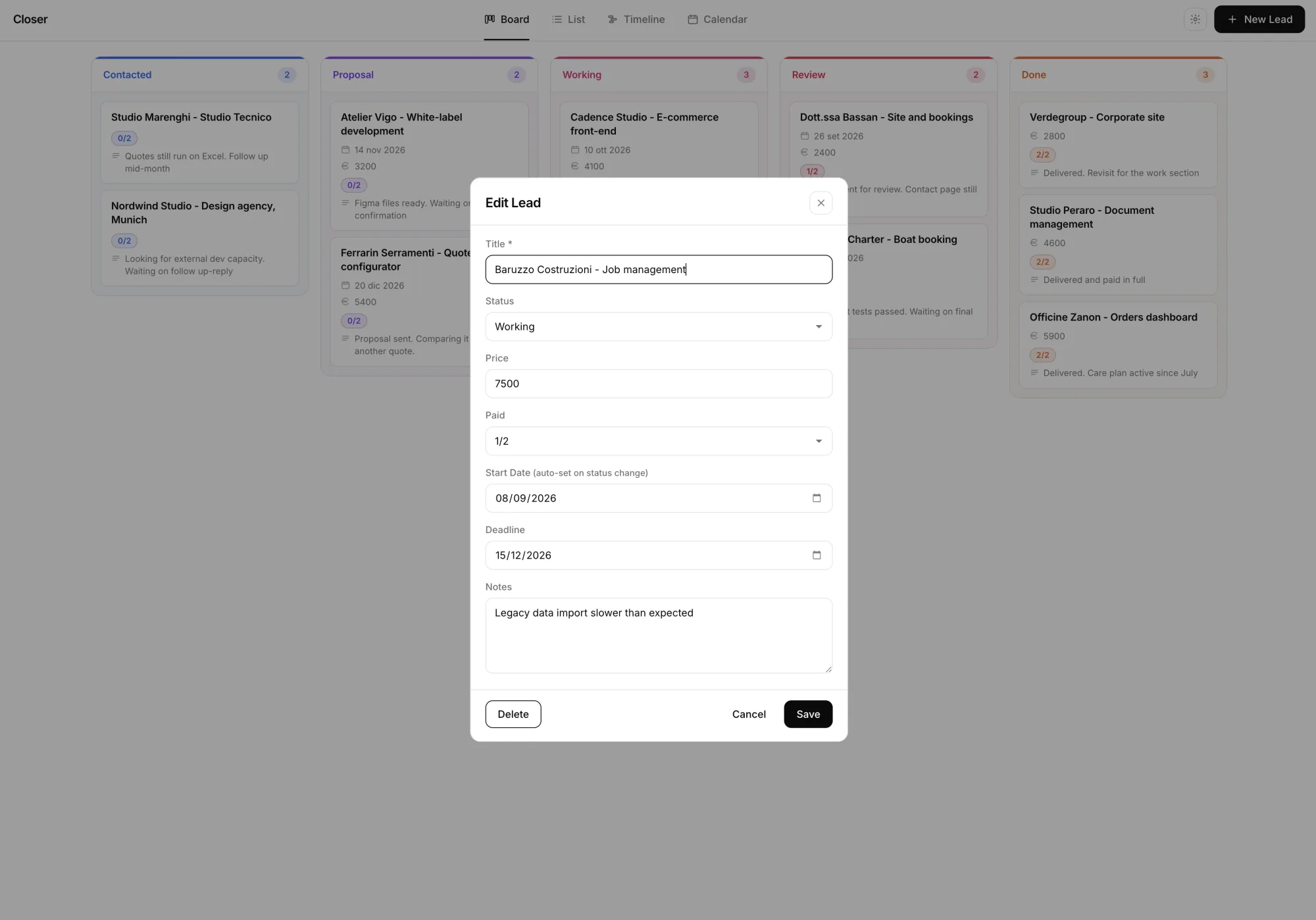 Kanban view of the pipeline with leads by status